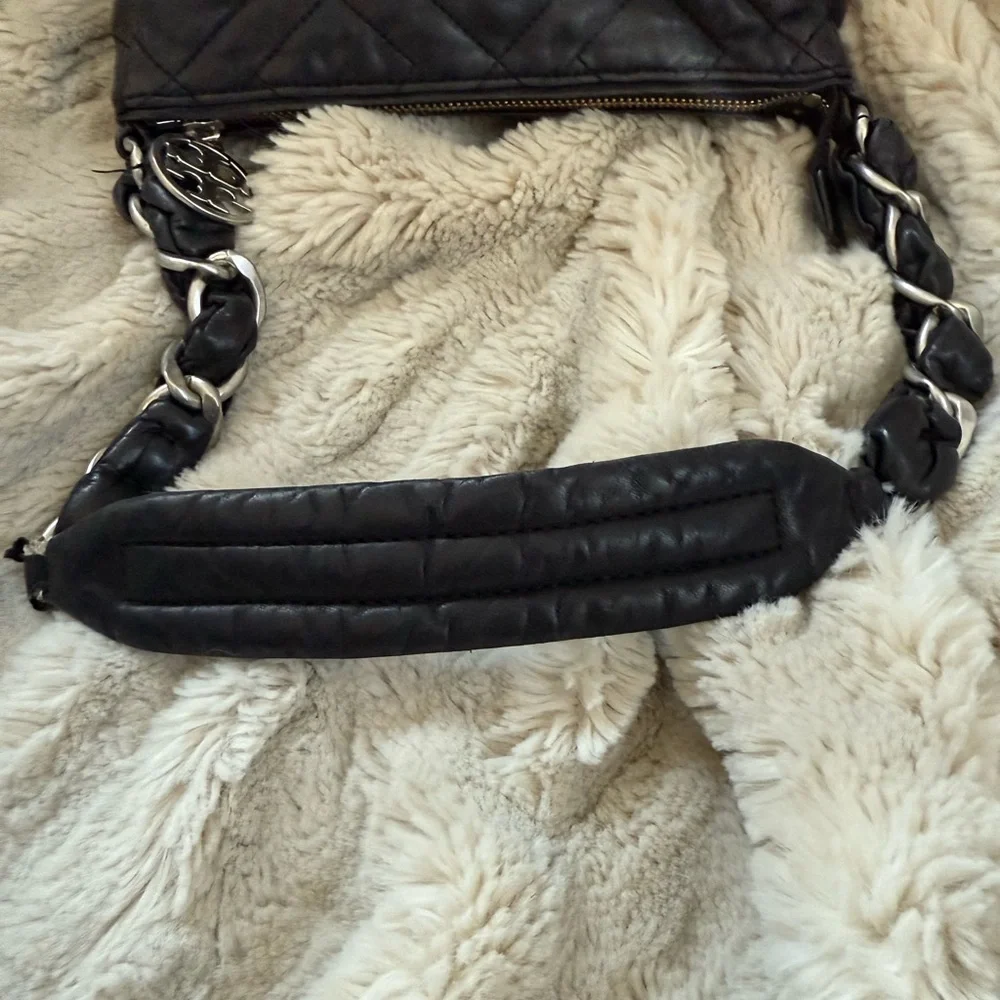 Tory Burch Black Quilted Calfskin Leather Bag with Silver Hardware
